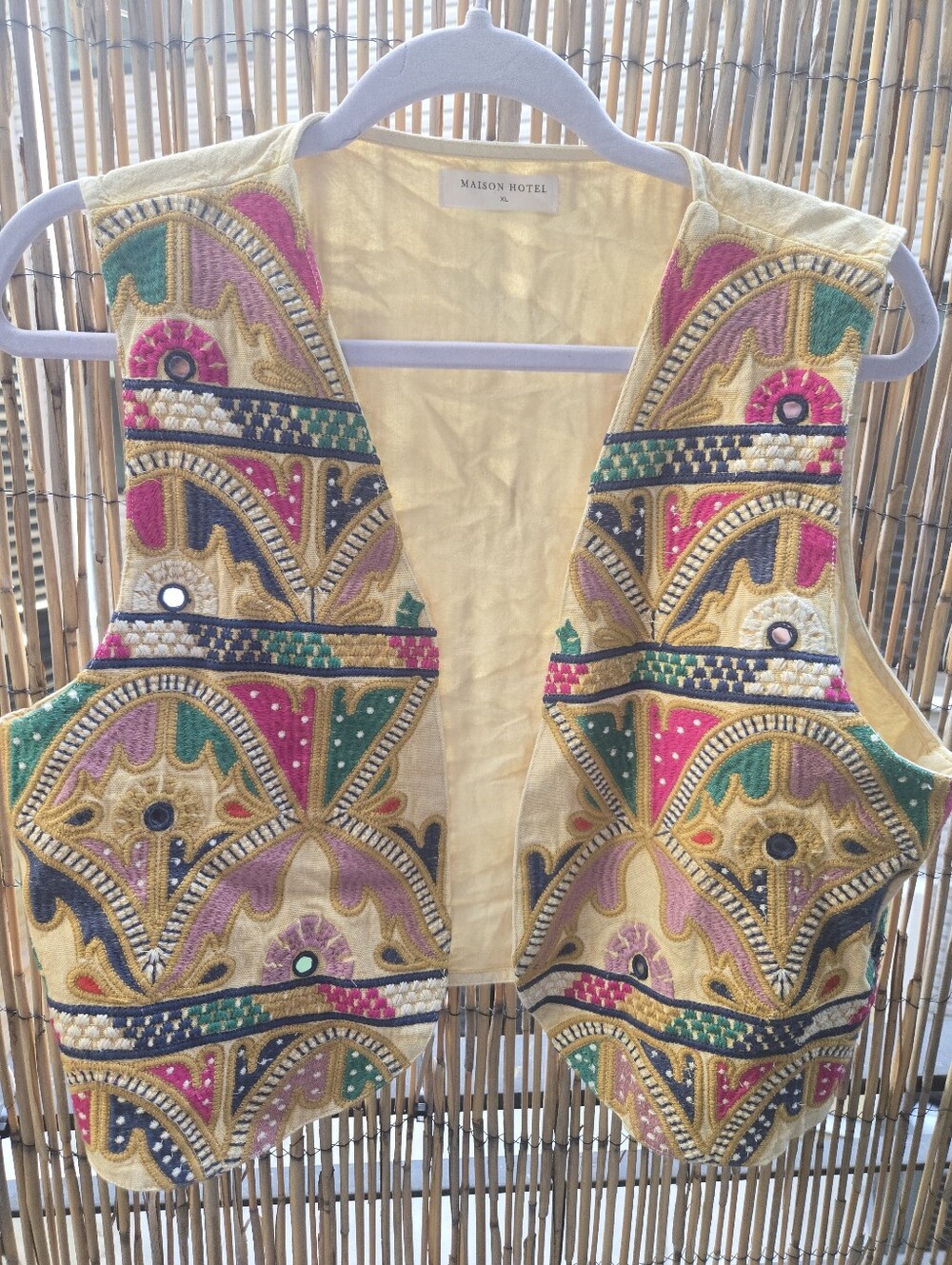 MAISON HOTEL Embroidered Beaded Yellow Festival Vest Free People XL Nwot